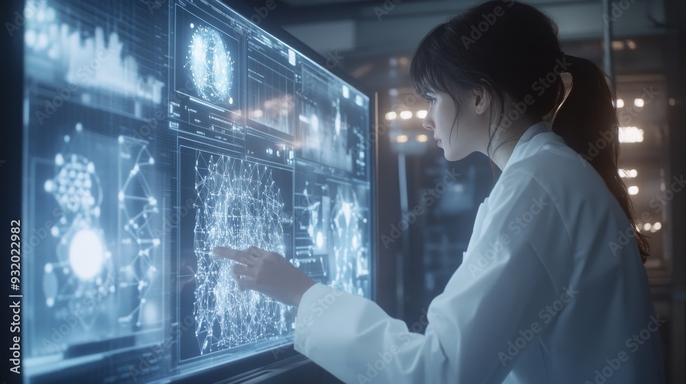 A researcher in a white lab coat studying the results of an AI-driven ...
