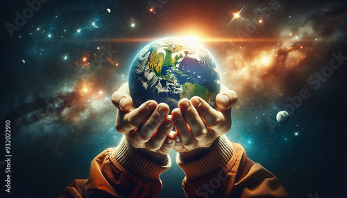 Pair of hands cradles Earth against starry cosmos, illustrating human responsibility for our planet.
