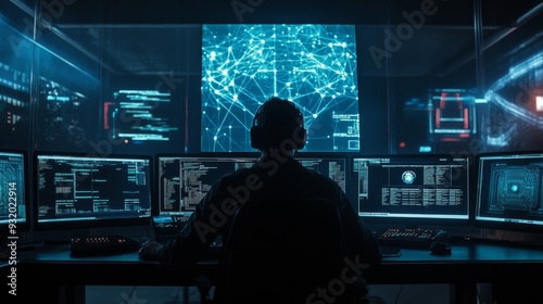 A cybersecurity expert in a dark room, surrounded by multiple screens showing AI-driven threat detection systems, as they defend a network against cyberattacks in real-time