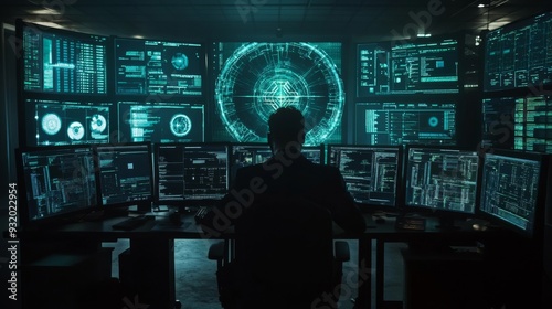 A cybersecurity expert in a dark room, surrounded by multiple screens showing AI-driven threat detection systems, as they defend a network against cyberattacks in real-time photo