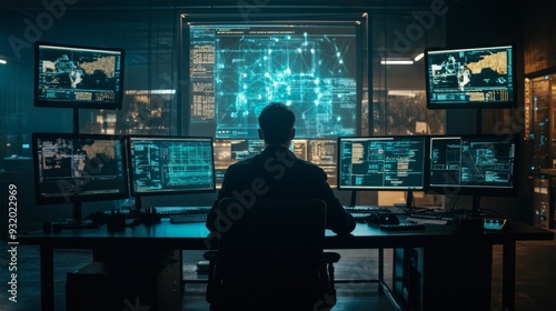 A cybersecurity expert in a dark room, surrounded by multiple screens showing AI-driven threat detection systems, as they defend a network against cyberattacks in real-time