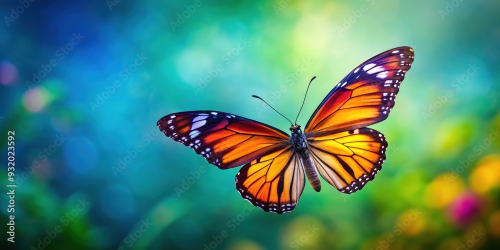 Fototapeta premium Vibrant butterfly in flight isolated on background, butterfly, blue, yellow, orange, beautiful, wings, flying, isolated,background