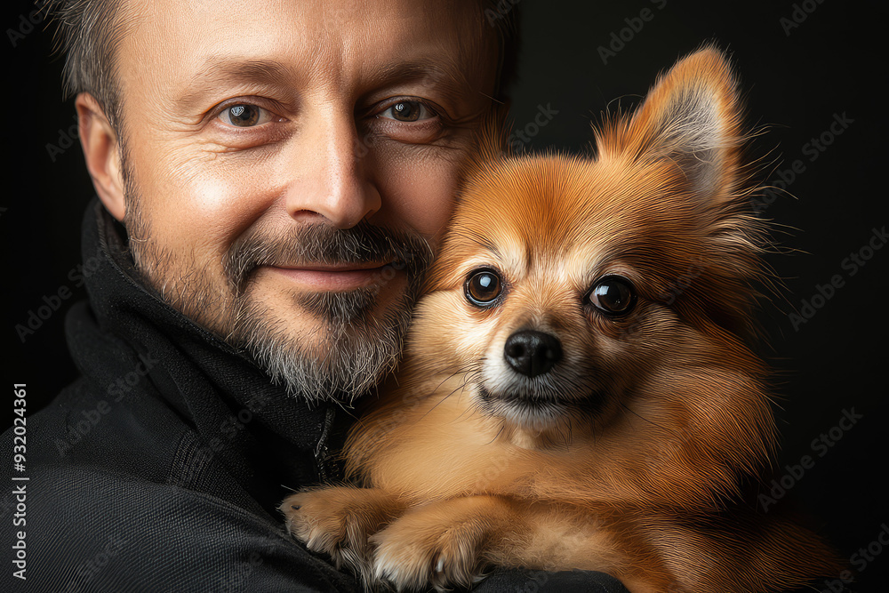 A touching moment captured, a man smiles warmly while cuddling his adorable dog, showcasing the bond of friendship and love.