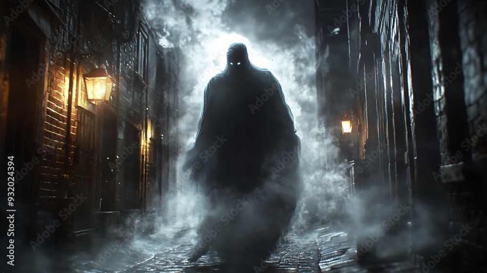 Obraz premium Ethereal Phantom of Dark Smoke in Shadowy Alley with Eerie Streetlights - Concept Art of Mysterious Figure