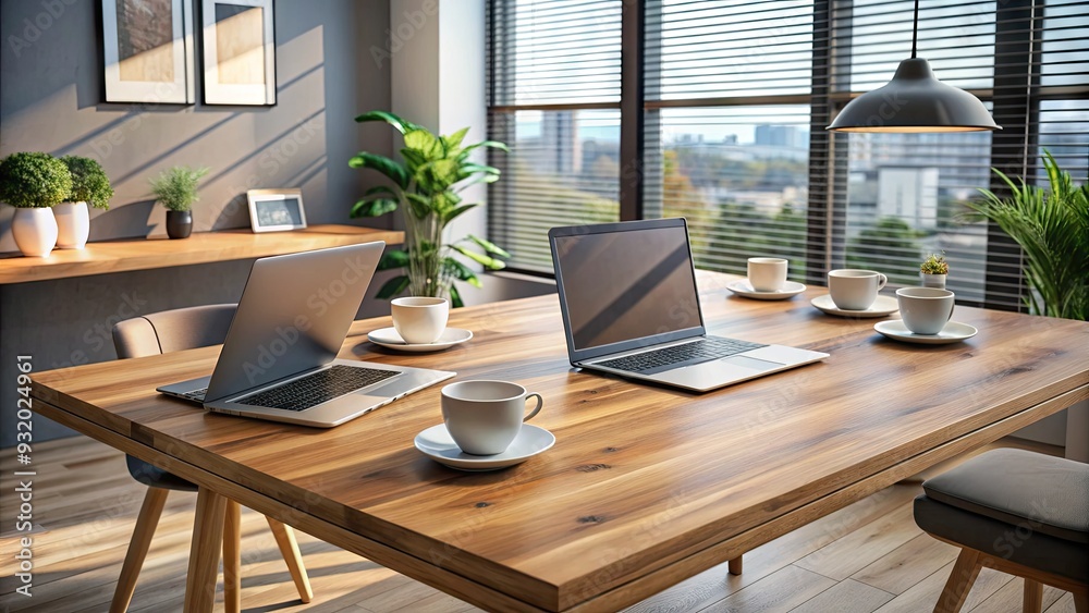 Collaborative workspace setup with two laptops, notebooks, and coffee cups on a modern wooden table in a sleek, minimalist apartment. Collaborative workspace setup with two laptops, notebooks, and coffee cups on a modern wooden table in a sleek, minimalist apartment.