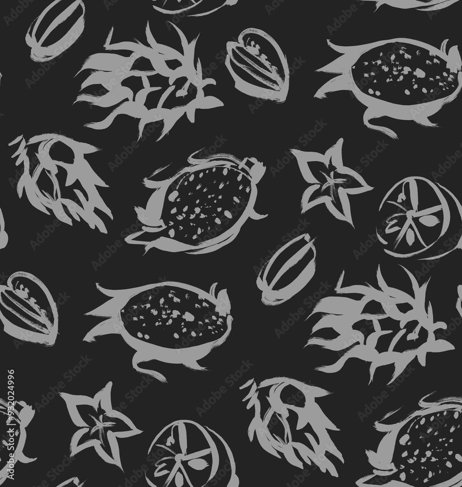 tropical fruit print black and white pattern painted with a dry brush for the production of fabrics and textiles and surface design tropical fruit print black and white pattern painted with a dry brush for the production of fabrics and textiles and surface design