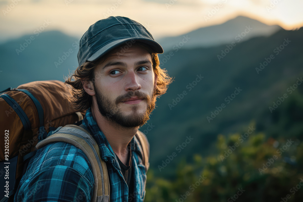 Adventurous Spirit: A Young Man Embracing the Outdoors Amidst Majestic Mountain Scenery at Golden Hour Adventurous Spirit: A Young Man Embracing the Outdoors Amidst Majestic Mountain Scenery at Golden Hour