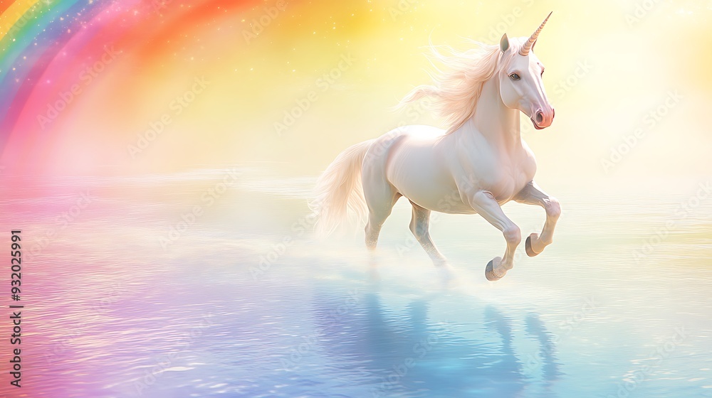 Fototapeta premium Enchanting Rainbow Gallop - Magical Unicorn in Pastel Tones | Cinematic Fantasy Photography with HDR and High Resolution Detail