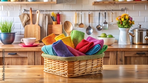 Colorful absorbent kitchen rags in a woven basket on a wooden countertop, surrounded by utensils and appliances, evoke a cozy and organized culinary atmosphere. photo