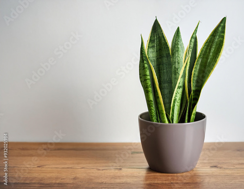 Sansevieria trifasciata plant in a pot on wooden table front of bright wall at home