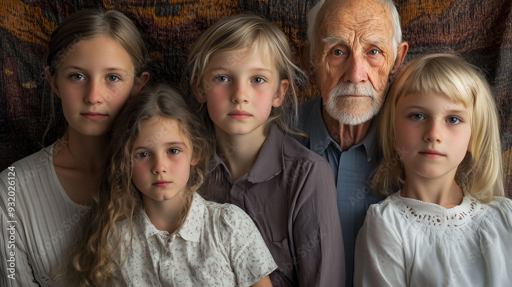Obraz premium A portrait series of individuals from different generations within a family, highlighting their unique expressions and the connection between them in a simple heartfelt setting.