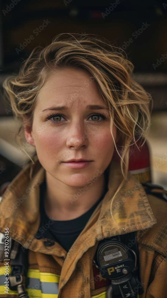 A young woman in firefighter gear stands outdoors, looking confidently into the camera under sunlight A young woman in firefighter gear stands outdoors, looking confidently into the camera under sunlight