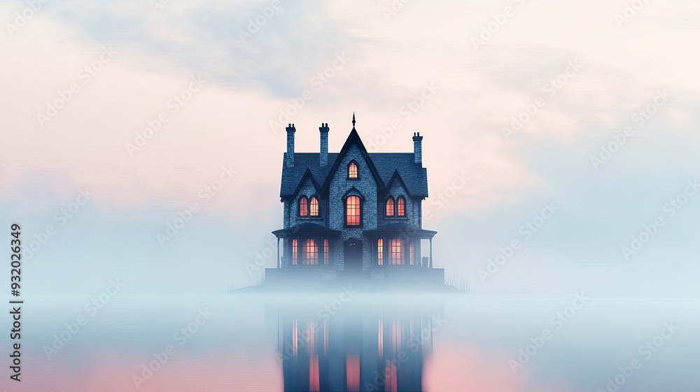 Gothic mansion, surrounded by mist, 3D illustration Gothic mansion, surrounded by mist, 3D illustration