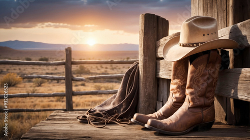 A cowboy hat on an old wooden fence, near a pair of old cowboy boots, nostalgic image