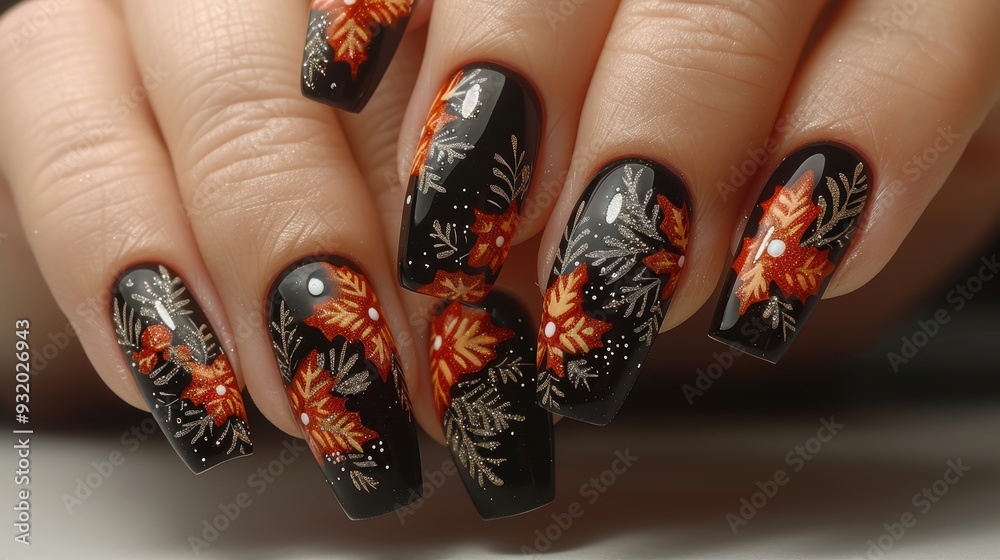 Festive Winter Nail Art, vibrant Christmas-themed manicure featuring intricate snowflakes and holiday decorations against a dark backdrop, perfect for celebrating the season. Festive Winter Nail Art, vibrant Christmas-themed manicure featuring intricate snowflakes and holiday decorations against a dark backdrop, perfect for celebrating the season.