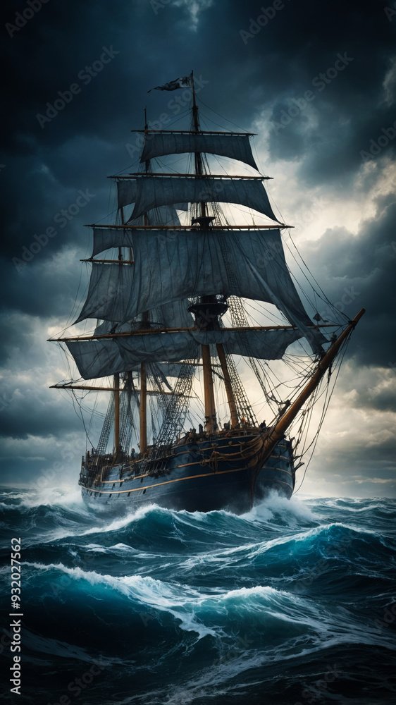 Atmospheric composition depicting a large sailing ship navigating through a turbulent sea Atmospheric composition depicting a large sailing ship navigating through a turbulent sea