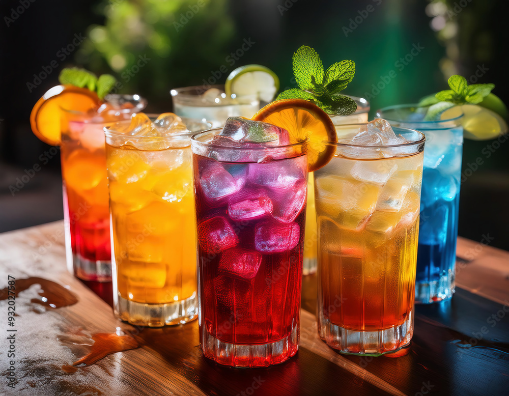 Variety of colorful Cocktails in glasses on the table in the garden. Summer vacation concept Variety of colorful Cocktails in glasses on the table in the garden. Summer vacation concept