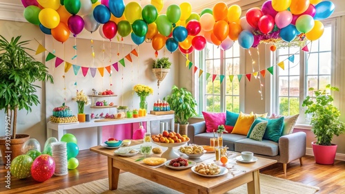 Colorful balloons and streamers adorn a festive living room, complete with a delicious-looking buffet, sparkling beverages, and lively decorative accents for a fun celebration.