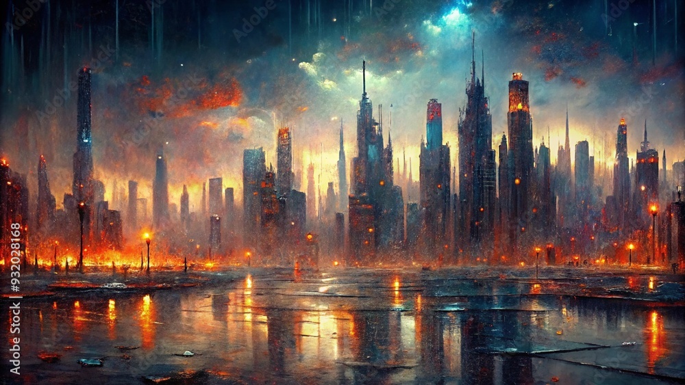 Fototapeta premium A city with skyline reflected by rainstorm