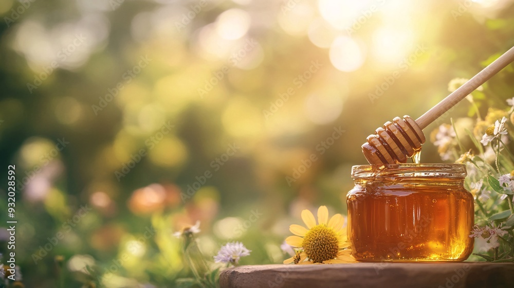 A rustic, natural scene featuring a wooden honey dipper resting on the edge of a glass jar filled with amber-colored honey. The honey is shown in mid-drip from the dipper, capturing the thick, A rustic, natural scene featuring a wooden honey dipper resting on the edge of a glass jar filled with amber-colored honey. The honey is shown in mid-drip from the dipper, capturing the thick,