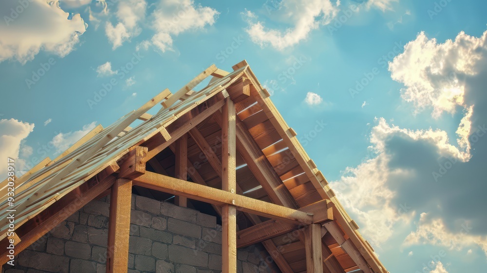 Wooden Roof Under Construction Against a Cloudy Sky Wooden Roof Under Construction Against a Cloudy Sky