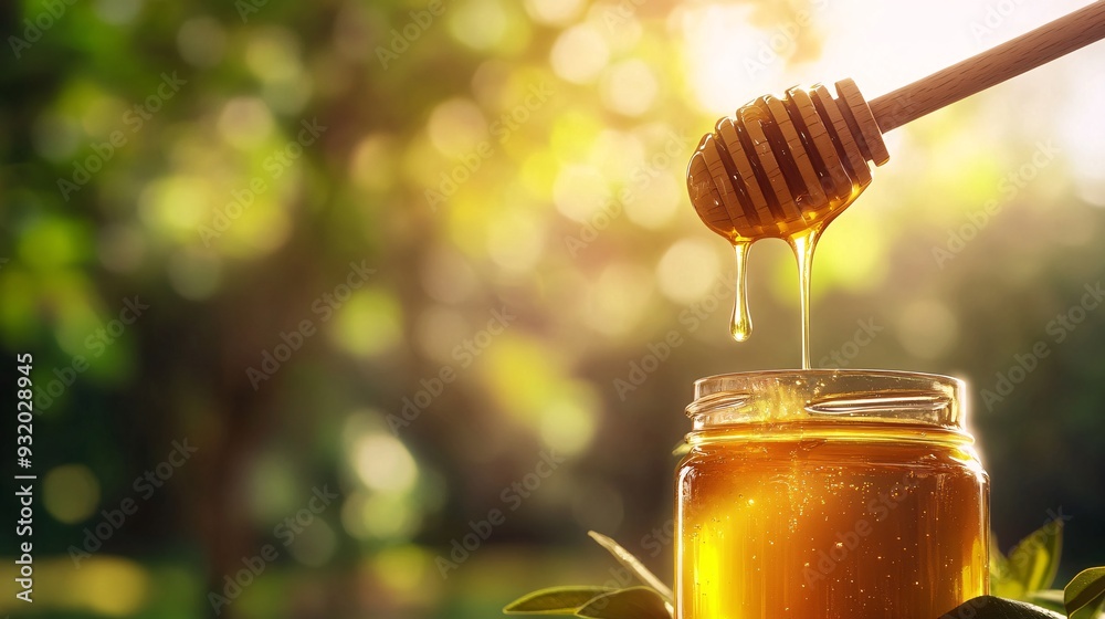A serene, natural setting featuring a wooden honey dipper hovering above a jar of honey, with thick, golden honey dripping down into the jar. The background includes blurred greenery and soft A serene, natural setting featuring a wooden honey dipper hovering above a jar of honey, with thick, golden honey dripping down into the jar. The background includes blurred greenery and soft
