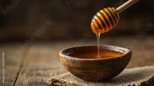 A beautifully detailed shot of a wooden honey dipper dripping honey into a small, rustic bowl. The honey s thick, golden texture is captured perfectly as it pools into the bowl. The background photo