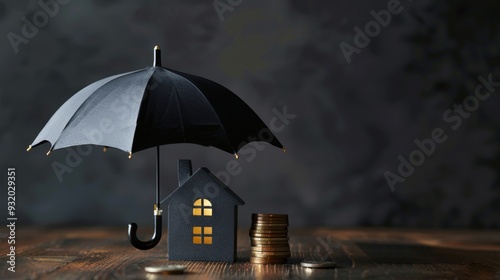 Wallpaper Mural Model of umbrella with house and coins on wooden table concept of the system of insurance savings and the cost of health insurance  Torontodigital.ca