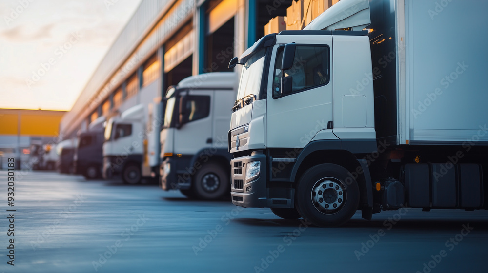 Busy Fleet of Trucks Parked in Front of Warehouse for Timely Delivery of Factory Goods