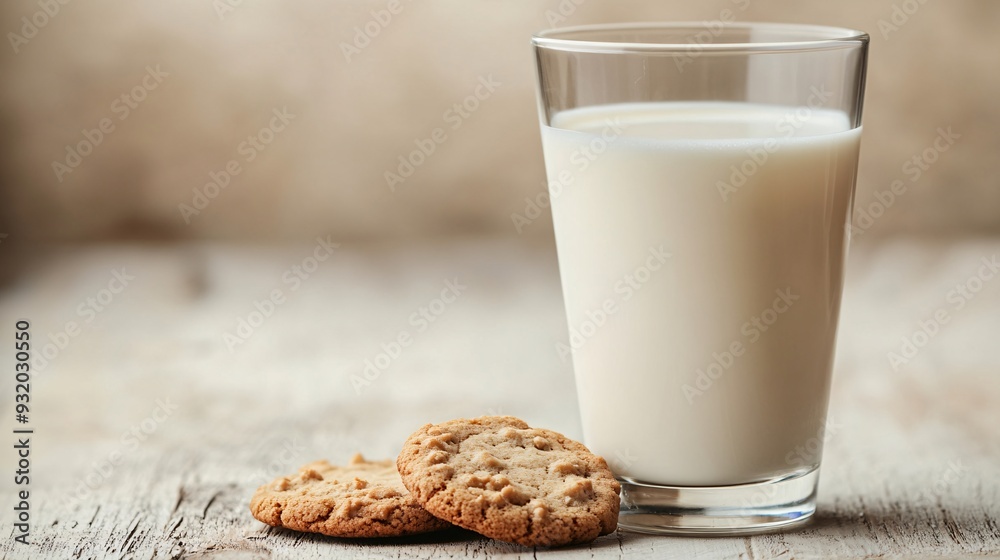 A close-up shot of a glass of milk with a few cookies placed on a light-colored wooden table. The milk is shown with a creamy texture, and the cookies add a delicious, inviting touch. The background A close-up shot of a glass of milk with a few cookies placed on a light-colored wooden table. The milk is shown with a creamy texture, and the cookies add a delicious, inviting touch. The background