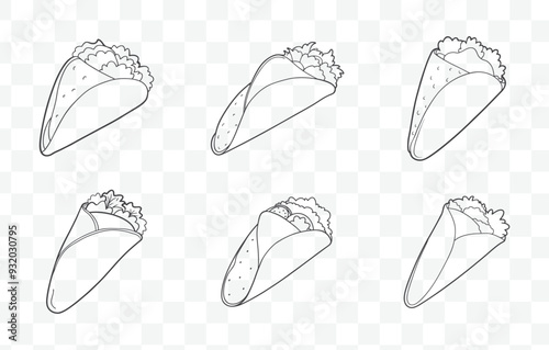 Print Burrito Line Art Vector Set with Various Burrito Illustrations and Designs for Creative Projects
