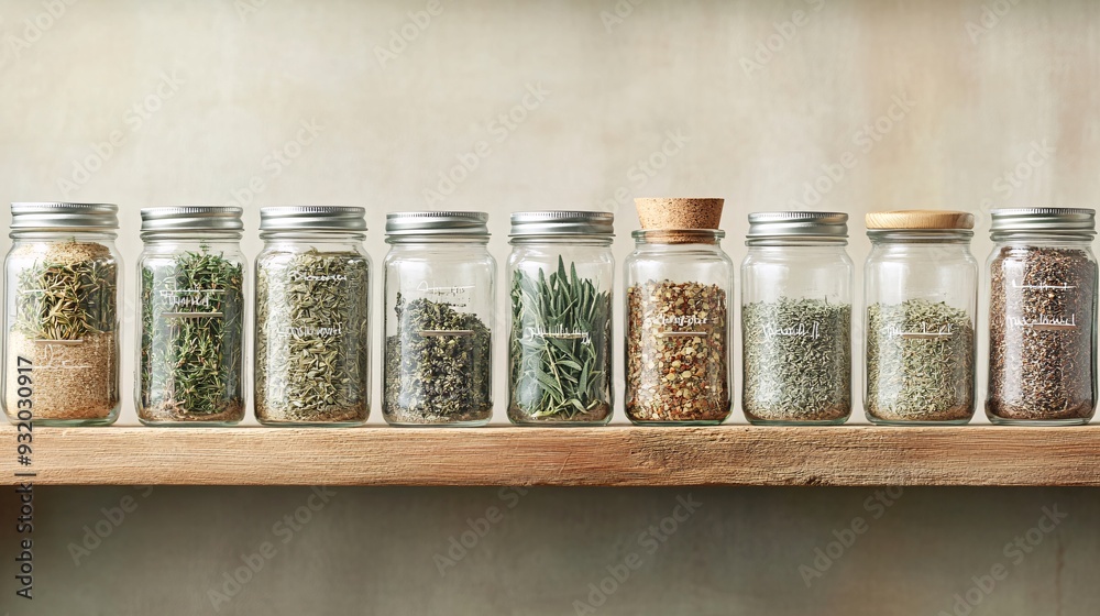 An elegant display of various dried herbs in glass jars, with each jar labeled and arranged on a wooden shelf. The herbs include sage, oregano, and mint, showing their unique textures and colors. The An elegant display of various dried herbs in glass jars, with each jar labeled and arranged on a wooden shelf. The herbs include sage, oregano, and mint, showing their unique textures and colors. The