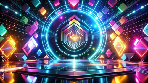 Colorful futuristic animation of swirling lights and geometric shapes coalescing into a sleek logo, setting the stage for an exciting television program.