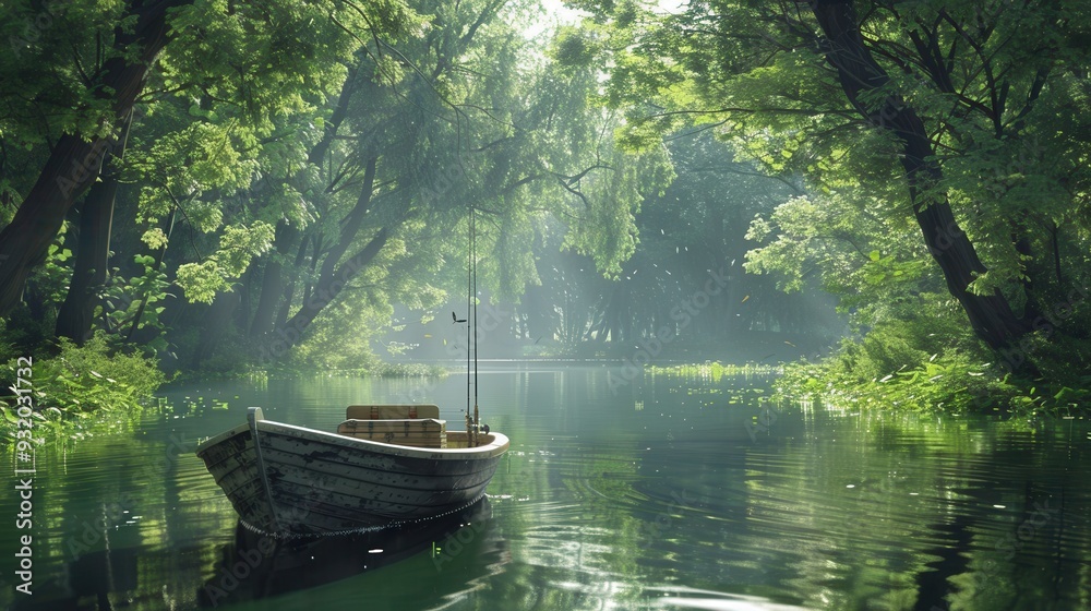 A solitary boat navigates through a peaceful river surrounded by vibrant greenery as morning mist adds a magical touch to the landscape. Generative AI A solitary boat navigates through a peaceful river surrounded by vibrant greenery as morning mist adds a magical touch to the landscape. Generative AI
