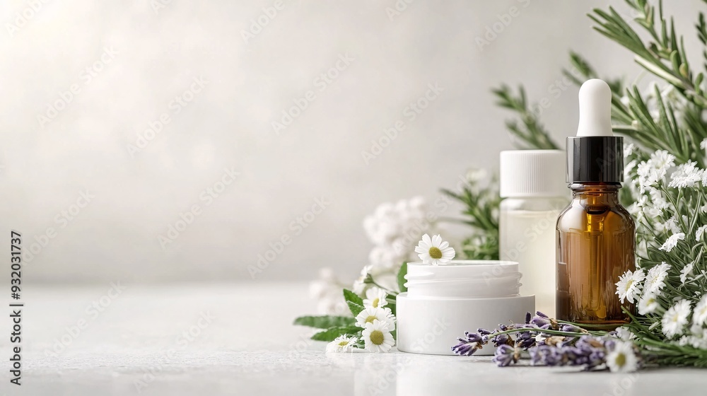 A clean and modern image of herb-infused skincare products, including creams and oils with visible herbs like lavender and chamomile. The products are arranged on a white surface with a softly A clean and modern image of herb-infused skincare products, including creams and oils with visible herbs like lavender and chamomile. The products are arranged on a white surface with a softly