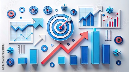 Colorful graphical elements and icons illustrate sales training concepts, such as targets, charts, and upwards arrows, on a modern white background with blue accents. photo