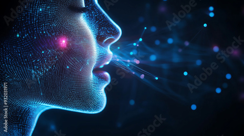 Abstract digital human head profile with glowing lines and particles, close up of the mouth speaking or listening to an AI voice software interface for a futuristic artificial intelligence technology 