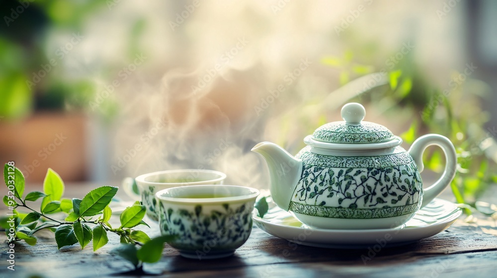An elegant setup of a teapot and teacups with freshly brewed green tea. The teapot is decorated with intricate patterns, and the tea is served in delicate porcelain cups. The background features a An elegant setup of a teapot and teacups with freshly brewed green tea. The teapot is decorated with intricate patterns, and the tea is served in delicate porcelain cups. The background features a