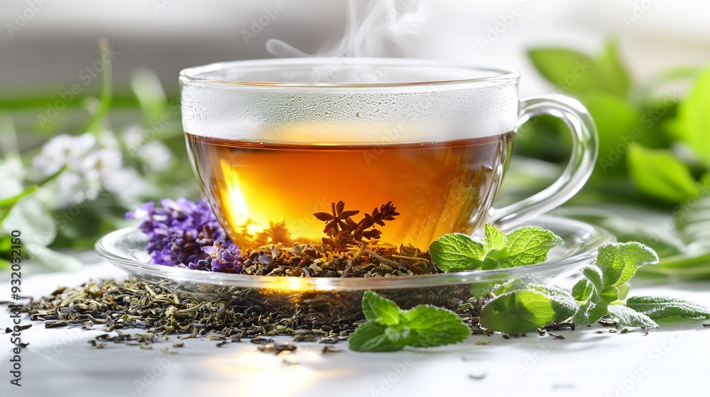 A close-up shot of a teacup filled with steaming herbal tea, surrounded by loose herbal tea leaves and a few fresh herbs like mint and chamomile. The teacup is set on a clean, white surface with a