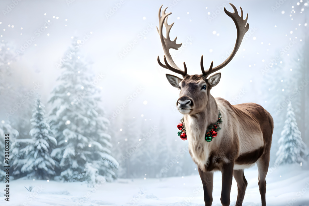 Holiday-themed reindeer in tranquil winter setting with copy space Holiday-themed reindeer in tranquil winter setting with copy space