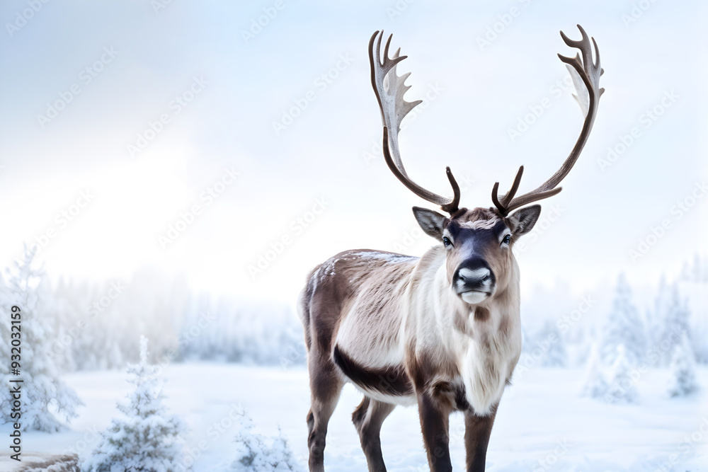 A serene reindeer against a tranquil snowy backdrop with copy space A serene reindeer against a tranquil snowy backdrop with copy space