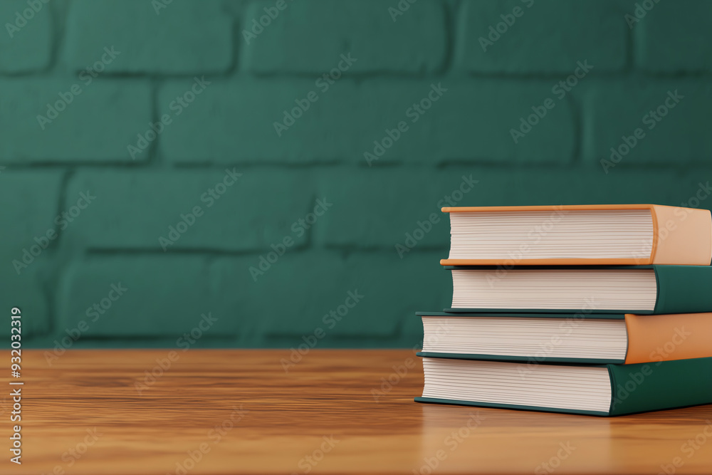 A neat stack of books on a wooden table against a green brick wall, symbolizing knowledge and learning.