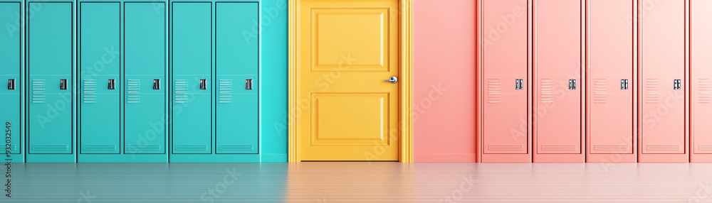A vibrant hallway featuring colorful lockers and a bold yellow door, perfect for representing education, creativity, and organization. A vibrant hallway featuring colorful lockers and a bold yellow door, perfect for representing education, creativity, and organization.