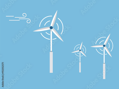 Clean and minimalist vector illustration of three wind turbines generating energy. The turbines are set against a blue background, symbolizing renewable energy and sustainable environmental practices.