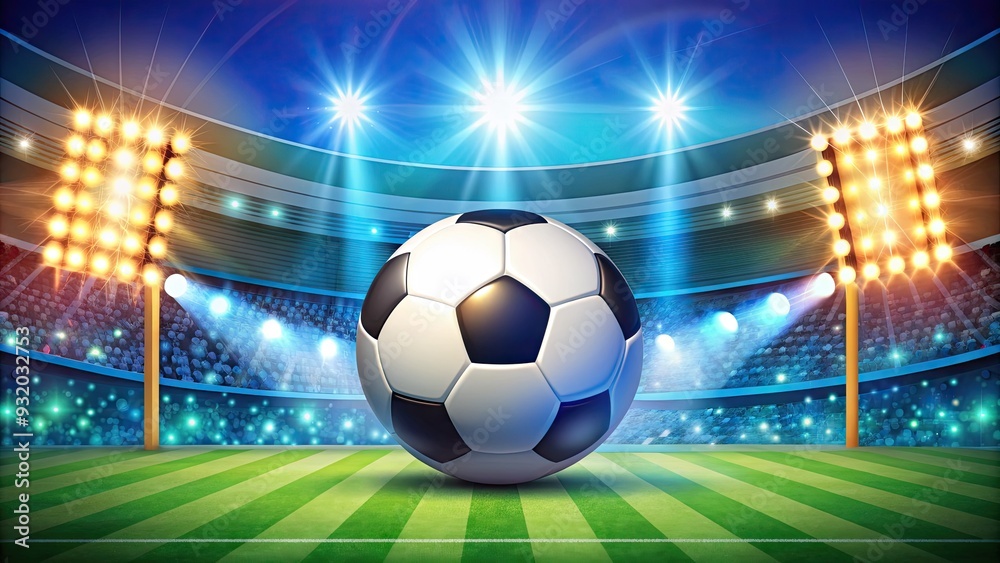 Naklejka premium Colorful illustration of a football ticket with a bold design, featuring a soccer ball and stadium lights, perfect for sports events and tournaments.