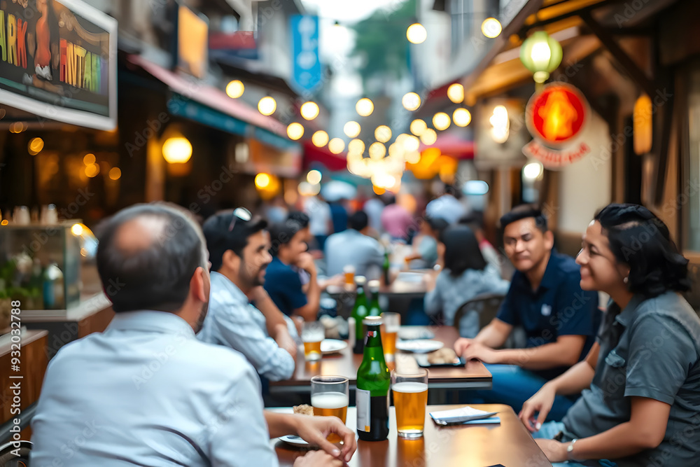 A lively outdoor restaurant scene in the evening, with patrons enjoying drinks and conversation. Warm lantern lights and string lights create a cozy atmosphere. A lively outdoor restaurant scene in the evening, with patrons enjoying drinks and conversation. Warm lantern lights and string lights create a cozy atmosphere.