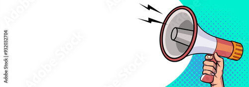 Hand holds megaphone bullhorn in retro pop art comic style Advertising banner with megaphone. Announcement of news, sales, special offer, sale, Loudspeaker announces