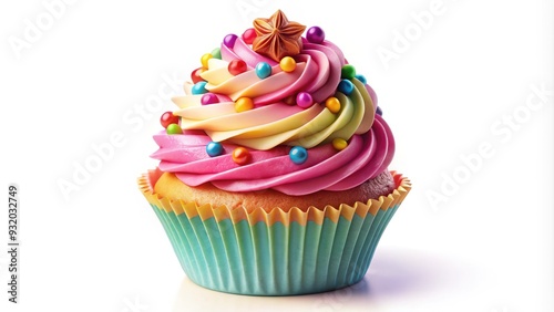 Colorful illustration of a deliciously decorated cupcake with swirling frosting and sprinkles, set against a bright white background with playful clipart designs.