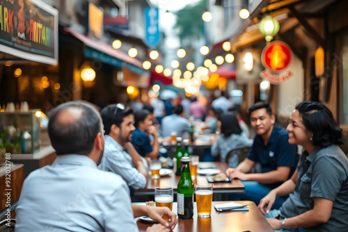 A lively outdoor restaurant scene in the evening, with patrons enjoying drinks and conversation. Warm lantern lights and string lights create a cozy atmosphere.