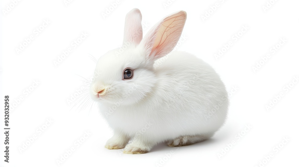 Adorable white rabbit sitting gracefully, perfect for nature and pet photography. A delightful symbol of innocence and playfulness.